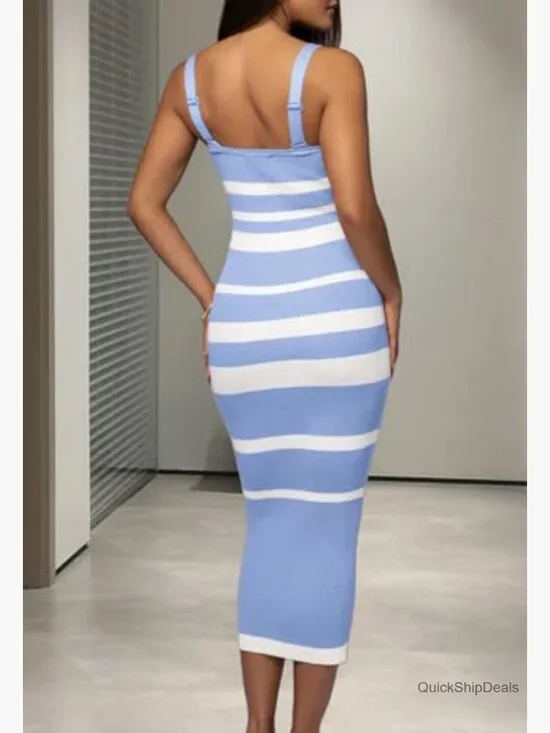 Sleeveless Striped Bodycon Midi Dress Square Neck Ribbed Knit - Picture 3 of 7